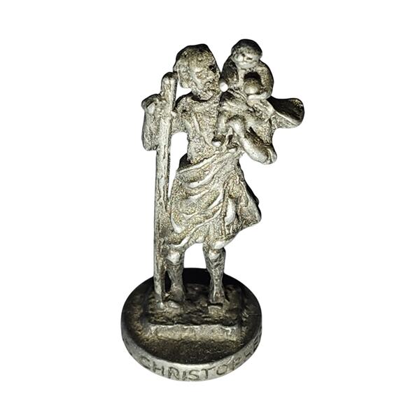 Miniature St. Christopher Religious Sculpture pewter Quebec 1 7/8" Antique - Picture 1 of 6